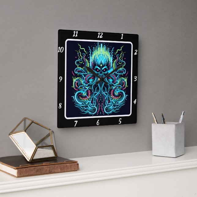 Horloge Carrée Neon Kraken Octopus Courant profond (Bureau)