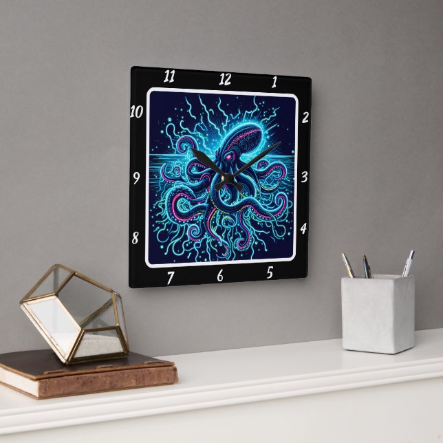 Horloge Carrée Neon Kraken Octopus Shadow Reef (Bureau)