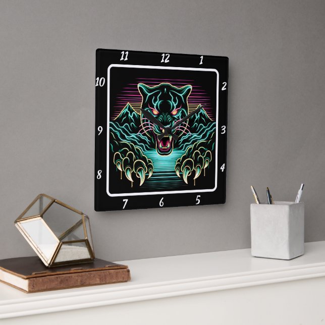 Horloge Carrée Neon Panther Glow (Bureau)