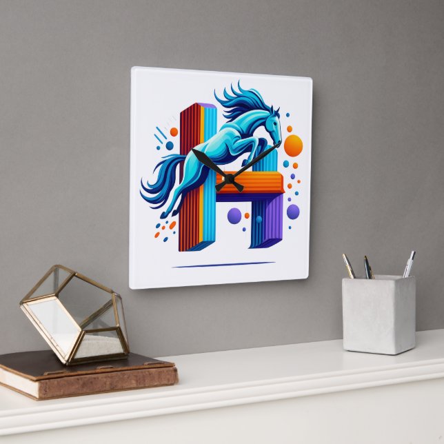 Horloge Carrée Neon Power Horse Jump Over H Letter (Bureau)