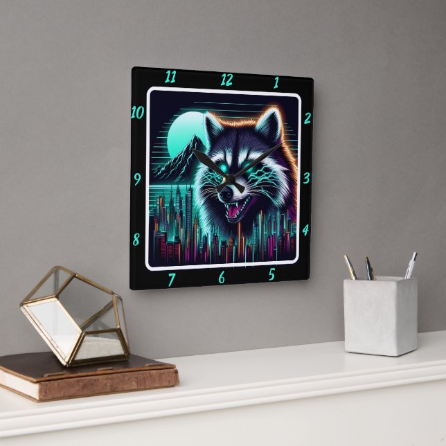 Horloge Carrée Neon Raccoon Cyber City (Bureau)
