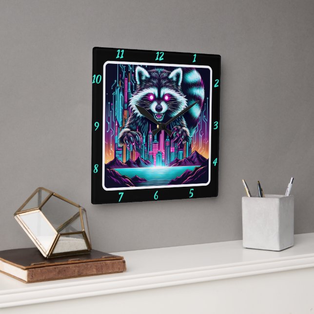 Horloge Carrée Neon Raccoon Skyline Pulse (Bureau)