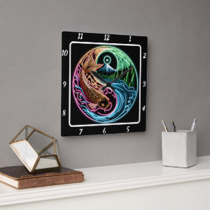Horloge Carrée Neon Radiant Koi Gold Fish Reflection