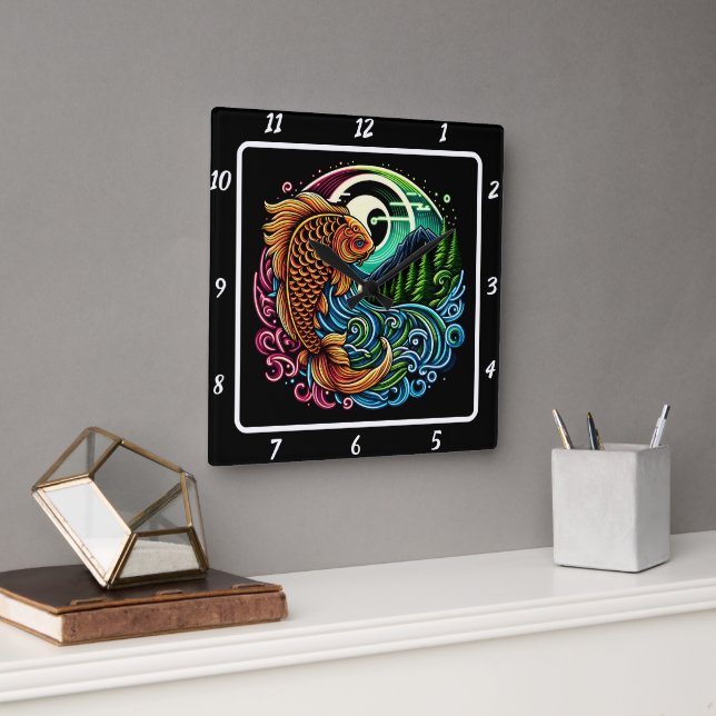 Horloge Carrée Neon Radiant Koi Gold Poisson Élégance (Bureau)