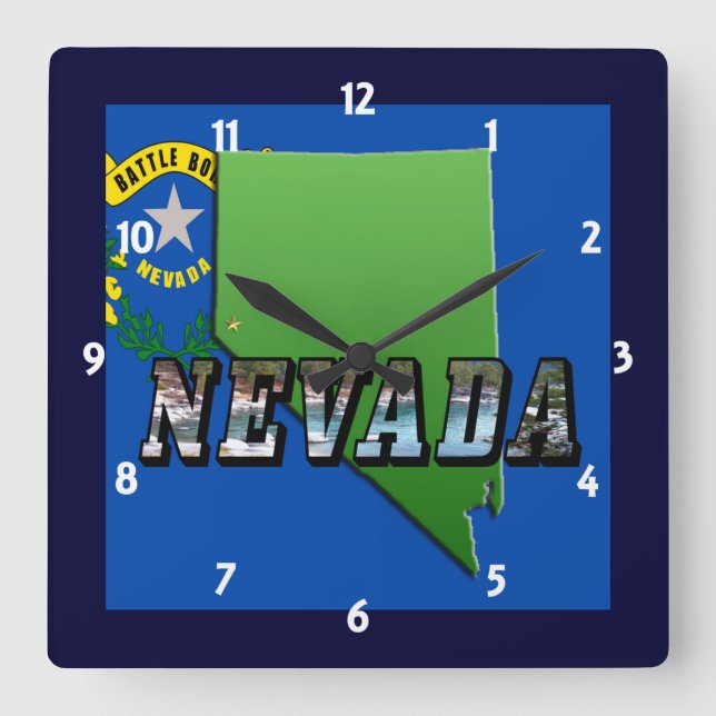 Horloge Carrée Nevada Map, Picture Text and Flag Clock (Recto)
