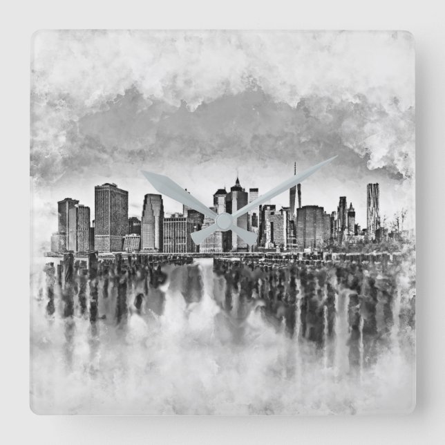 Horloge Carrée New York City Manhattan Skyline - noir et blanc (Recto)