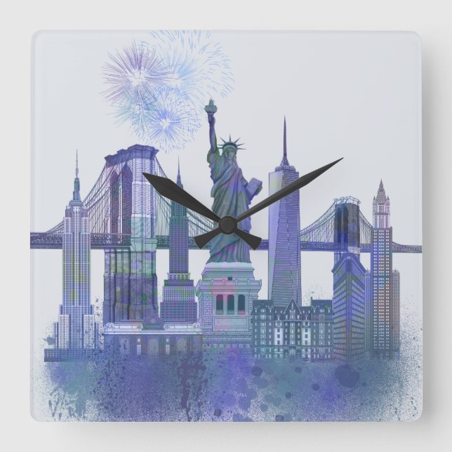 Horloge Carrée New York Skyline - Aquarelle bleue (Recto)