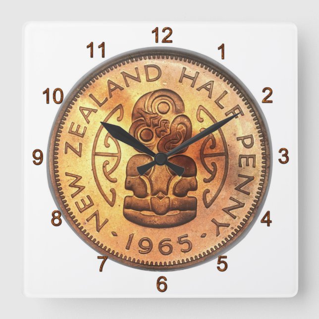 Horloge Carrée New Zealand Half Penny Tiki Clock (Recto)