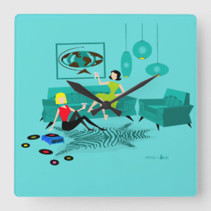 Horloge Carrée Night Retro Girls In Acrylic Wall Clock