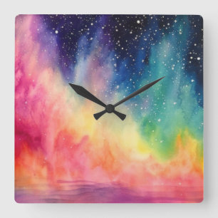 Horloge Carrée Night Sky Rainbow Watercolor Art Abstrait