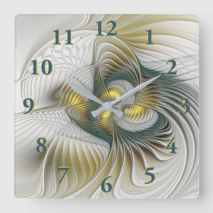 Horloge Carrée Nobly Golden Turquoise Imaginaire Fractal Art