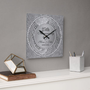 Horloge Carrée Noces de diamants et d'argent 25e anniversaire de 