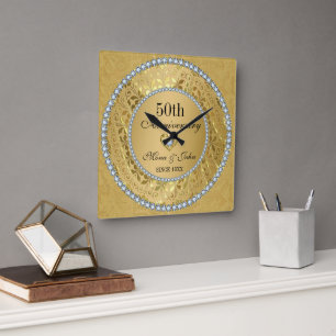 Horloge Carrée Noces de Diamants et d'Or 50ème Anniversaire de Ma