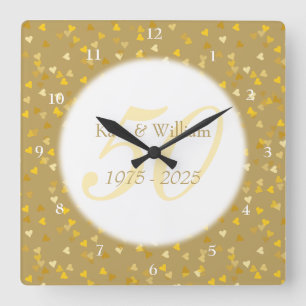 Horloge Carrée Noces d'or Confettis de coeurs dorés