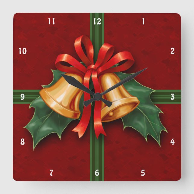 Horloge Carrée Noël cloches et Holly Feuille rouge (Recto)
