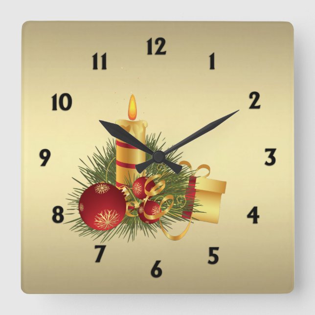 Horloge Carrée Noël d'or avec chiffres noirs (Recto)