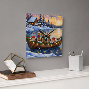 Horloge Carrée Noël en bateau avec Yorkipoo