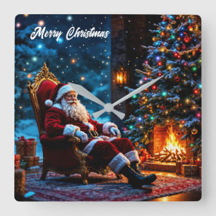 Horloge Carrée Noël magique Santa Claus cheminée confortable