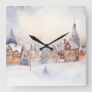 Horloge Carrée Noël Neige hiver Wonderland Village Paysage