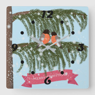Horloge Carrée Noël, Rétro, Finches