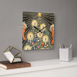 Horloge Carrée Noël vintage, arbre avec bougies et une étoile