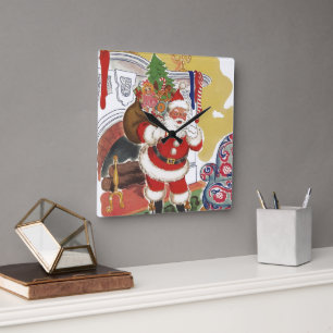Horloge Carrée Noël vintage, Jolly Père Noël avec des présents