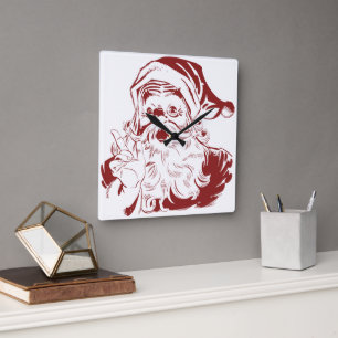 Horloge Carrée Noël vintage, joyeux Père Noël rétro, Rouge