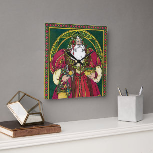 Horloge Carrée Noël vintage, Père Noël avec feuilles de houx