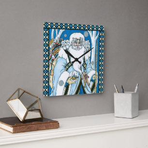 Horloge Carrée Noël vintage, Père Noël bleu avec boule à neige