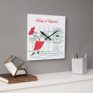 Horloge Carrée Noël vintage, Père Noël chef et dinde