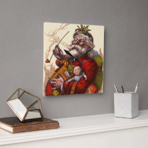 Horloge Carrée Noël vintage, Père Noël victorien avec des jouets