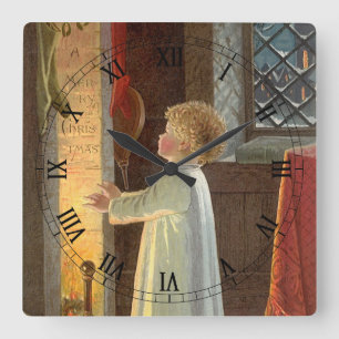 Horloge Carrée Noël vintage, Réchauffement des enfants près de la