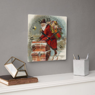 Horloge Carrée Noël vintage victorien Saint Nicolas sur le toit