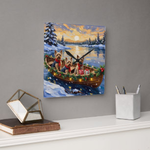 Horloge Carrée Noël Yorkshire Terrier Bateau Fêtes