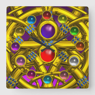 HORLOGE CARRÉE NOEUDS CELTIQUES D'OR ABSTRAITS AVEC PIERRES COLOR