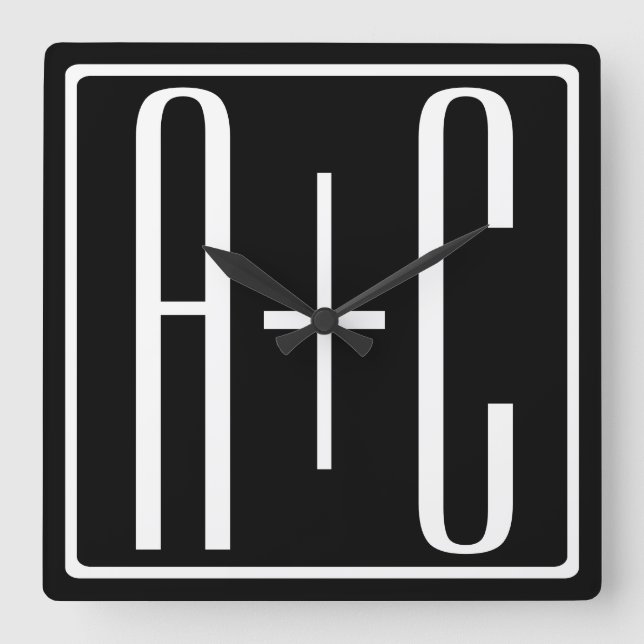 Horloge Carrée Noir & Blanc | Initiales de couple (Recto)