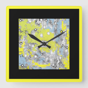Horloge Carrée Noir bleu jaune carré d'horloge murale