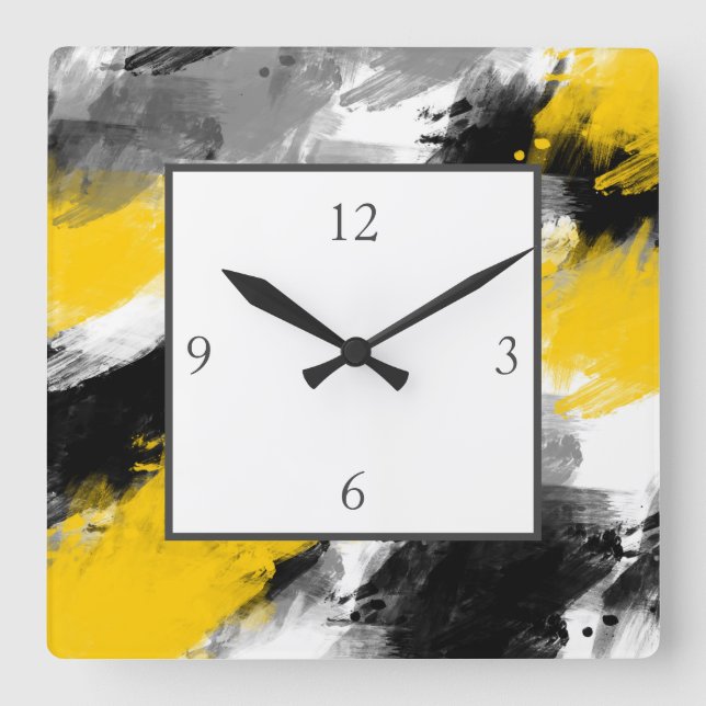 Horloge Carrée Noir Jaune Blanc Moderne Abstrait Brosses (Recto)