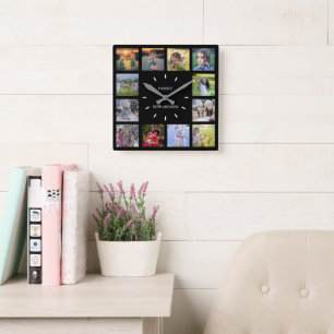 Horloge Carrée Noir moderne collage photo de famille monogramme n