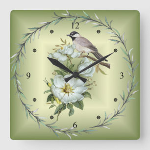 Horloge Carrée Noir - Pickadee cerné ~ Fleur Magnolia blanche ~