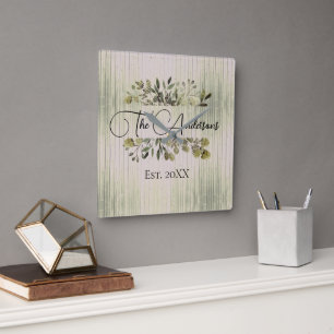 Horloge Carrée Nom de famille Aquarelle botanique sur bois rustiq