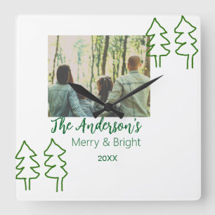Horloge Carrée Nom de famille vert sapin de Noël photo moderne
