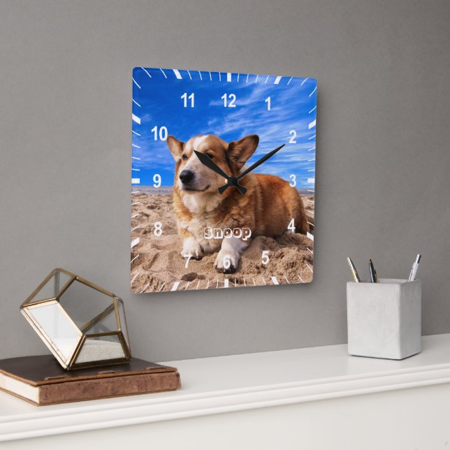 Horloge Carrée Nom de la photo du chien de chat pour animal de co (Bureau)
