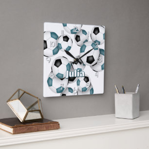Horloge Carrée nom de l'athlète turquoise football noir