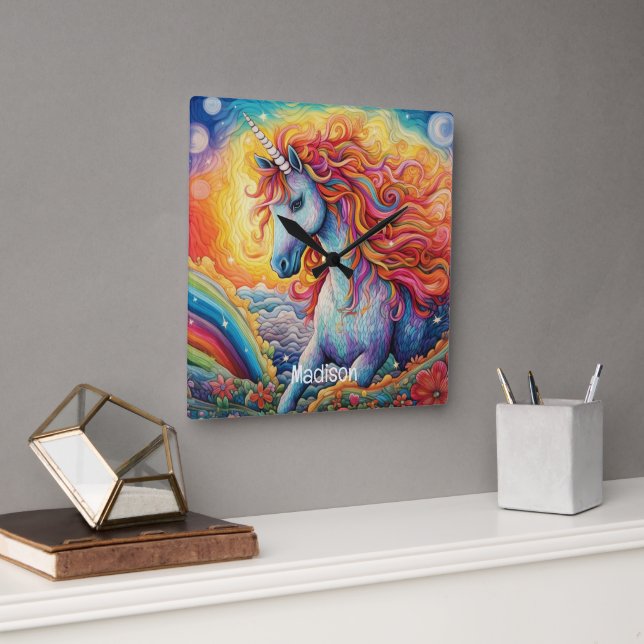 Horloge Carrée Nom personnalisé belle licorne (Bureau)