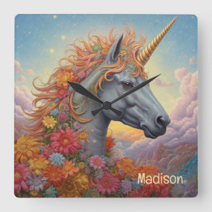 Horloge Carrée Nom personnalisé belle licorne