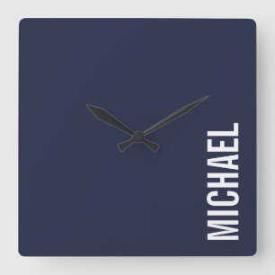 Horloge Carrée Nom personnalisé bleu marine moderne minimaliste