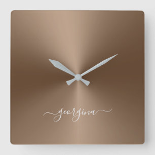 Horloge Carrée Nom personnalisé Bronze Style métallique Acrylique