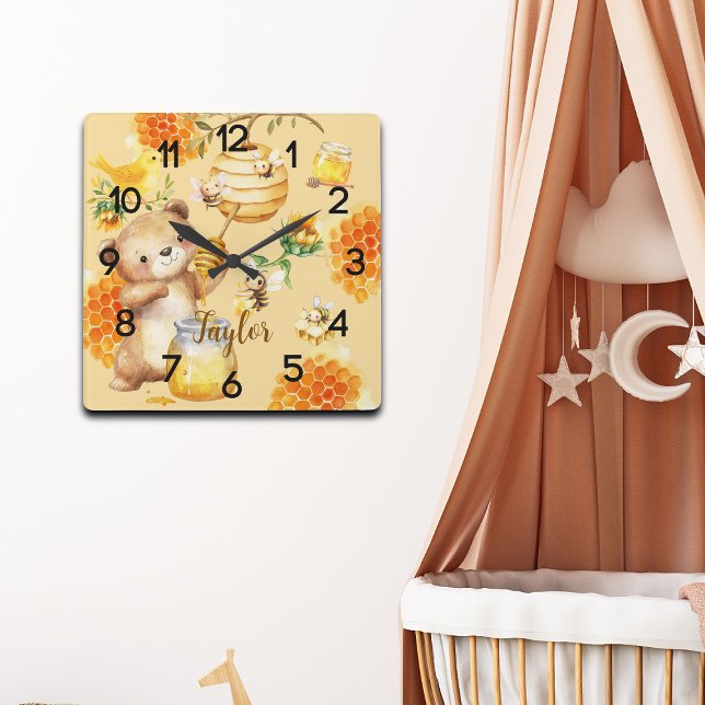 Horloge Carrée Nom personnalisé Miel Ours Abeilles (Créateur téléchargé)