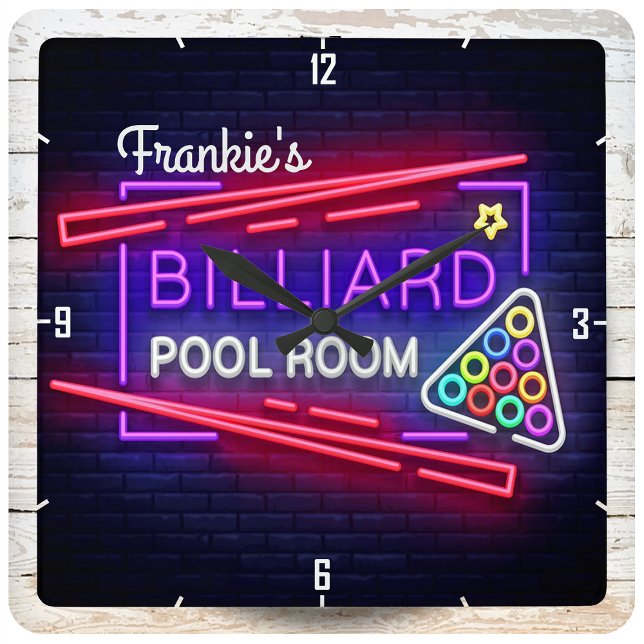 Horloge Carrée NOM personnalisé Neon Style Billiards Table de bil (Créateur téléchargé)